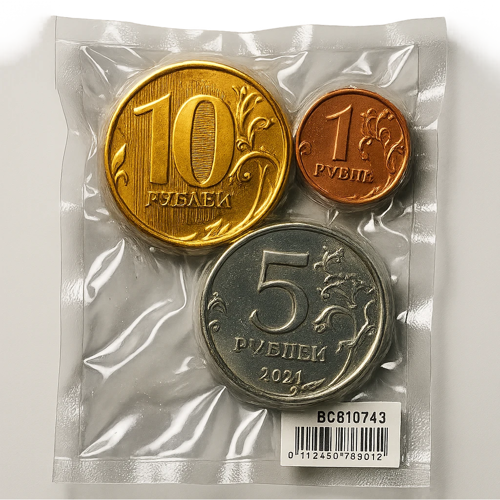 Russian coins, shiny and inflated, vacuum-sealed style emoji