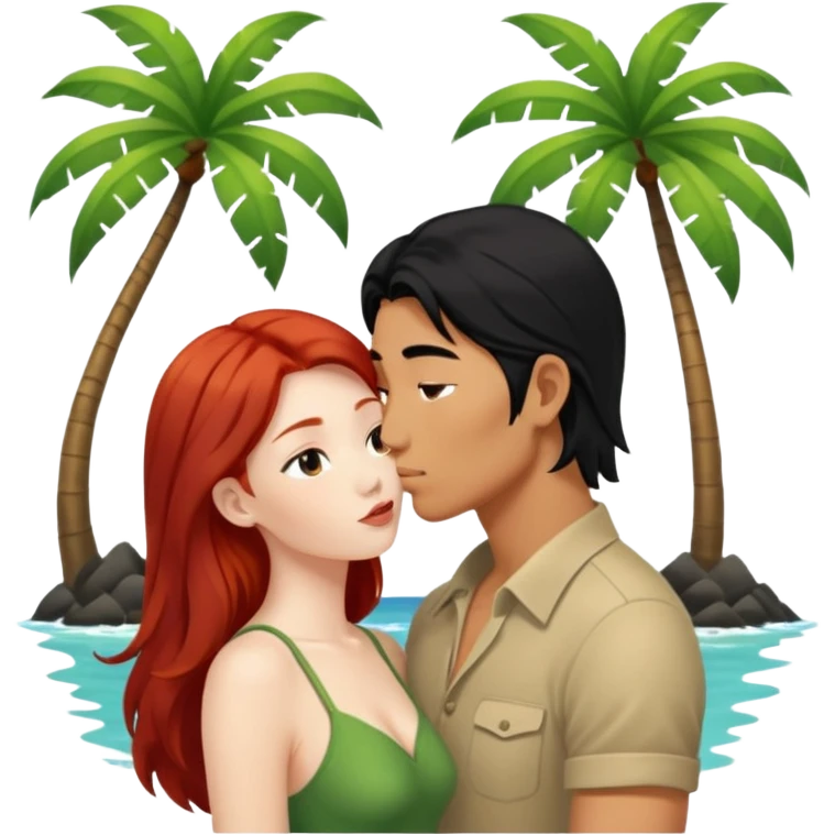 long black haired asian guy kisses redhead girl on island emoji