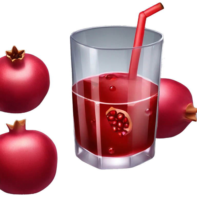 a glass of a very tempting bloody-red pomegranate juice with a pomegranate leaning on it. Ice cubes and straw in the glass. emoji