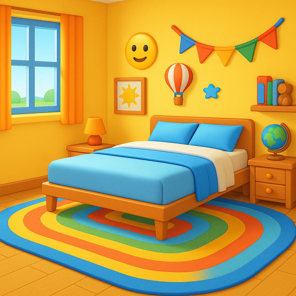 Add a colorful bedroom background with bright walls, playful decorations, and a cozy rug. Keep the room tidy and inviting in emoji style emoji
