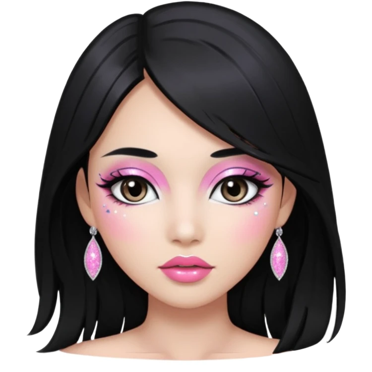 asian long black hair silver grey eyes glossy lips glittery white and pink eyeshadow girl emoji