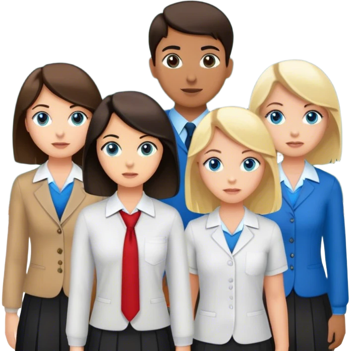 three girls and one boy dressed as teachers standing in front of a school board, two of the girls are brunettes and fair-skinned, one of them is blonde and fair-skinned with blue eyes and the boy has dark hair and medium skin tone emoji