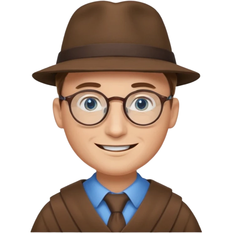 A man with sharp and thin face, brown round glasses, a brown hat and a brown costume (shoulders only), with blue eyes and a large smile on his face. emoji
