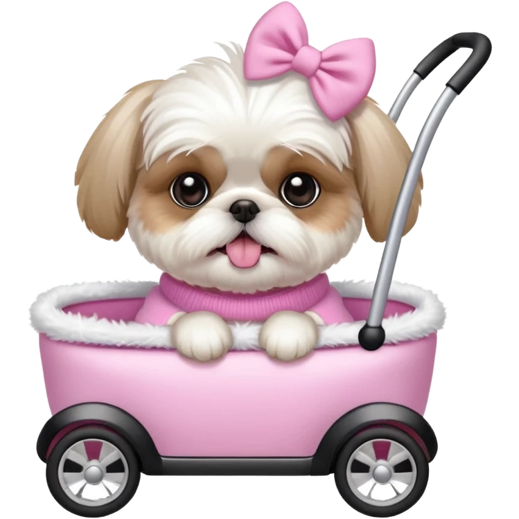 little all white shih tzu with pink bows & sweater tongue sticking out stting in white buggy emoji