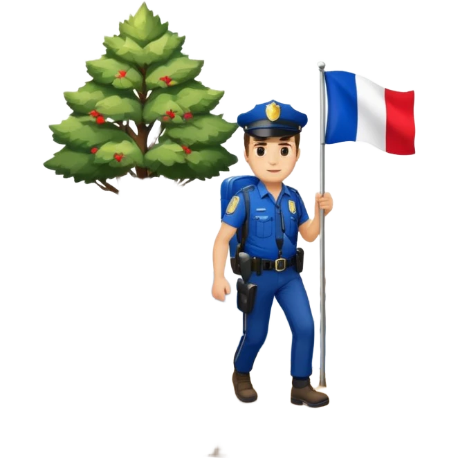 Adventurous man hiking with a police badge with mountains in the background. The French flag is on a tree emoji