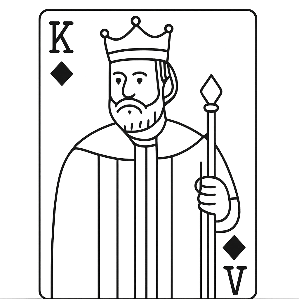 A regal king playing card character with a crown and beard, holding a scepter, in minimal line art style emoji
