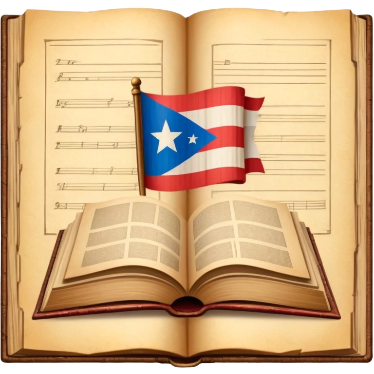 Open vintage book showing detailed stage design sketches, blueprints of theatrical sets, Puerto Rican flag elements woven into the designs, wooden borders, emanating a golden timeless glow emoji