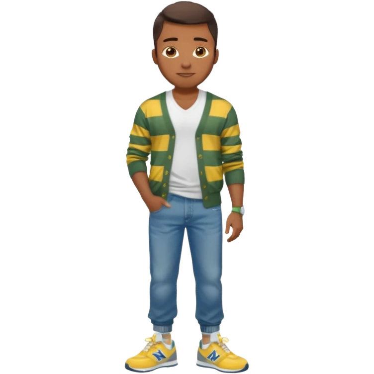 Handsome Black guy with brown skin tone, with lean muscular build, wearing baggy blue jeans, a white v-neck t-shirt, a yellow and green striped cardigan sweater, and grey new balance sneakers  emoji
