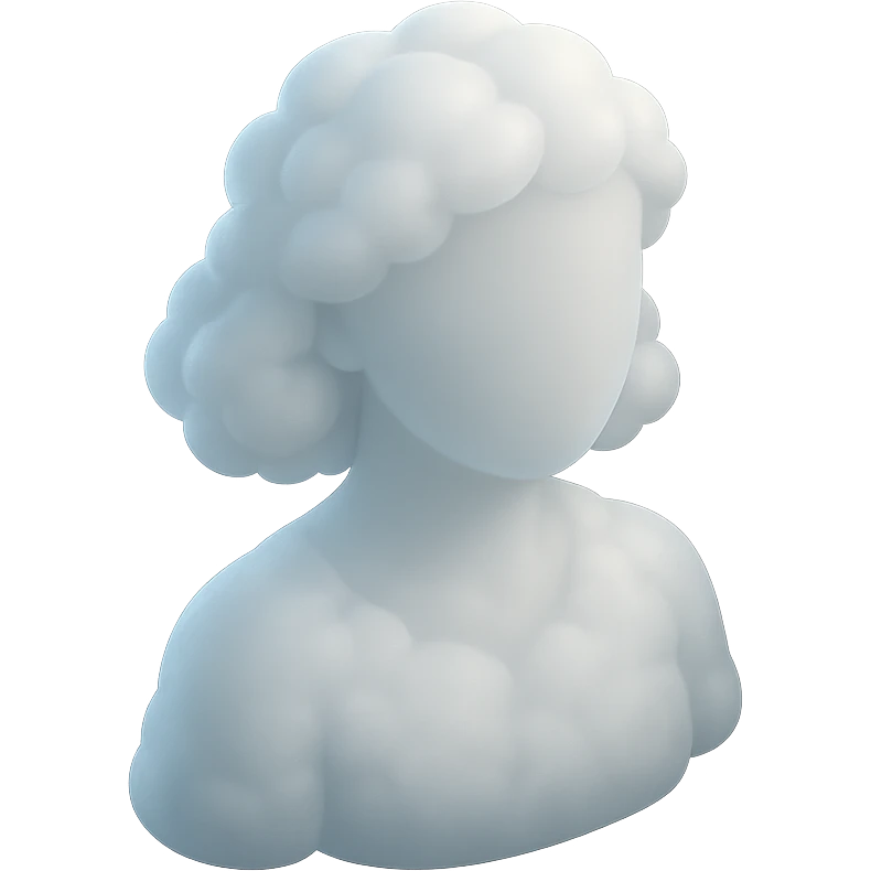 shoulder length faceless person, made entirely of white fluffy clouds, no shadows, matte glass style emoji