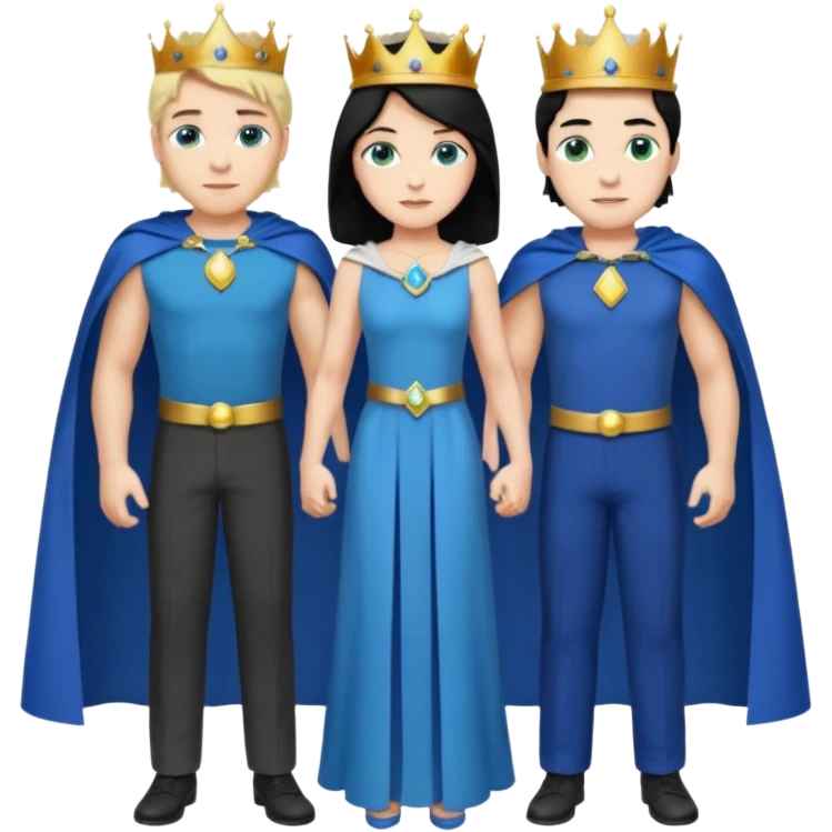 Prince with crown, blue cape and trousers, body and legs, black hair, blue eyes, woman blonde hair, green eyes, sexy white short sleveless dress,  emoji