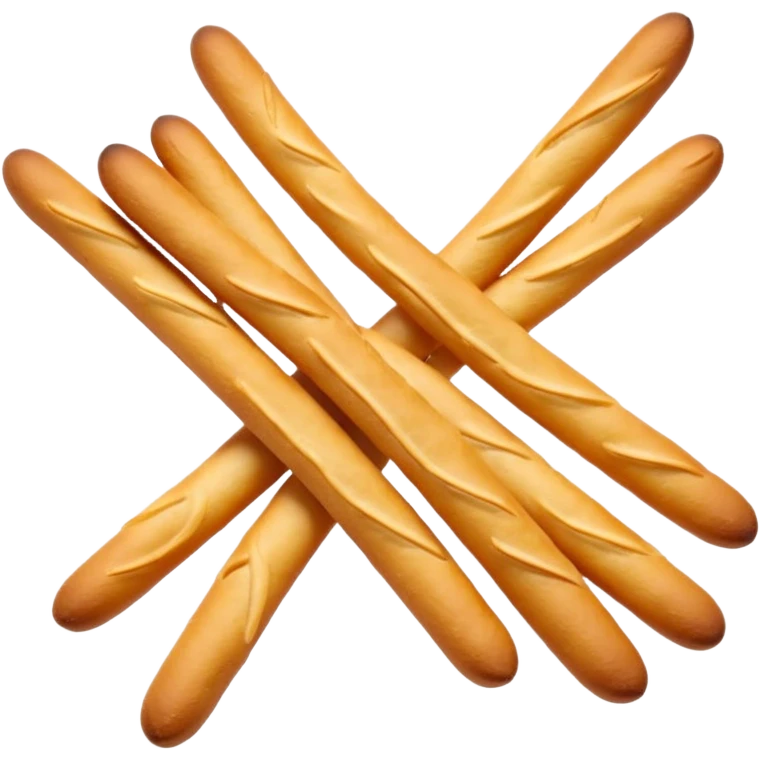 loose cluster of thin crunchy breadsticks with golden-brown slightly blistered surface and subtle curves, straight or slightly uneven sticks, crisp dry textures, rustic baked look, no packaging, no dip, no extras, soft lighting, subtle shadows, emoji scale emoji