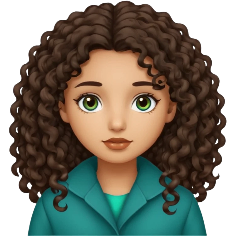 Girl with olive skin, teal eyes, dark brown  loose curly long hair, no coat emoji