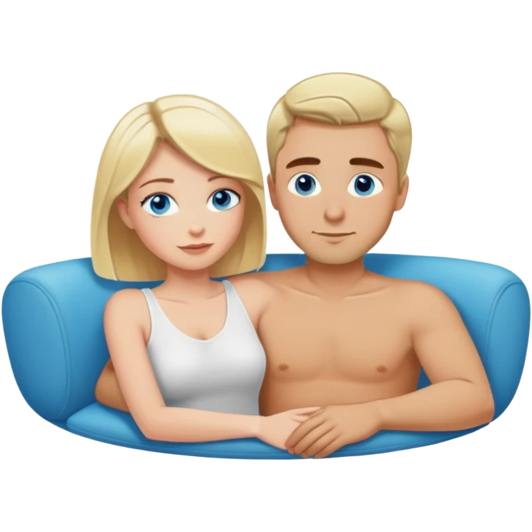 Blonde woman with blue eyes and man with short brown hair cuddling on lounge emoji