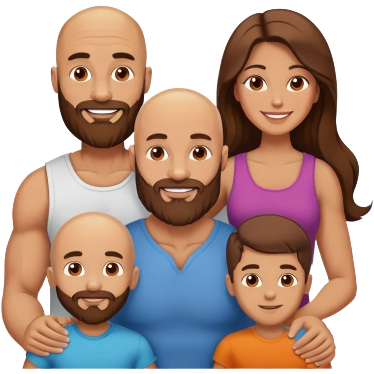 Happy Muscular Bald beard man and his hot wife with long brown hair and 3 sons emoji