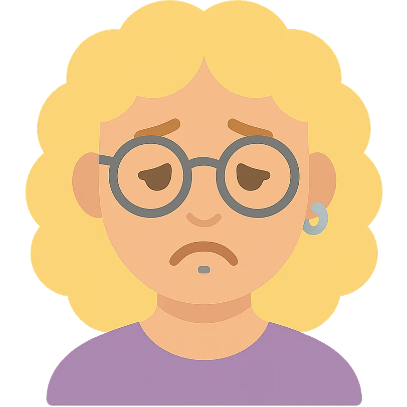 female human with light skin, blond curly hair, glasses, nose piercing, lip piercing, sad expression emoji