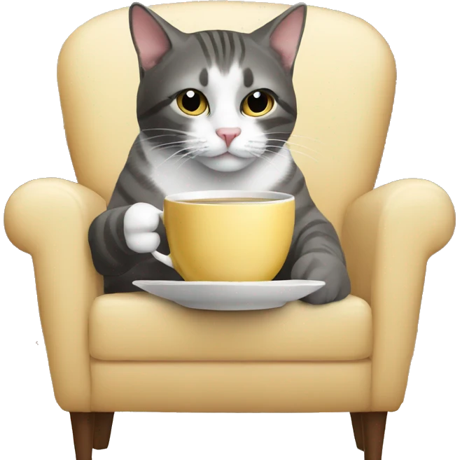 cat drinking tea looking at camera sitting in a chair emoji