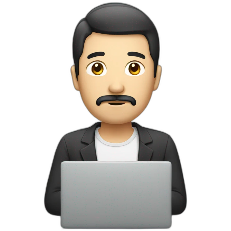 Asian man with mustache and beard in front of laptop emoji