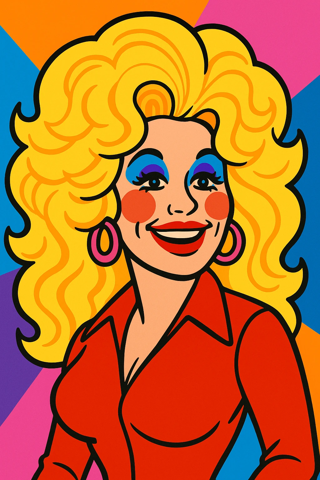 Dolly Parton in 1970s style, voluminous hair, glamorous makeup emoji