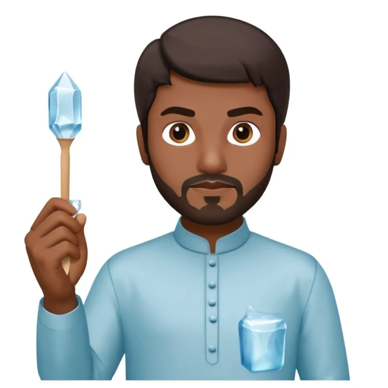Pakistani street ice seller, simple shalwar kameez, holding ice pick and big transparent ice cube, confident and focused, 3D, shiny, clean, minimal, iPhone emoji style, plain white background emoji