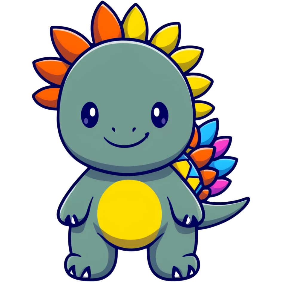 A cartoon baby stegosaurus toy with a cute onesie and tiny colorful spikes emoji
