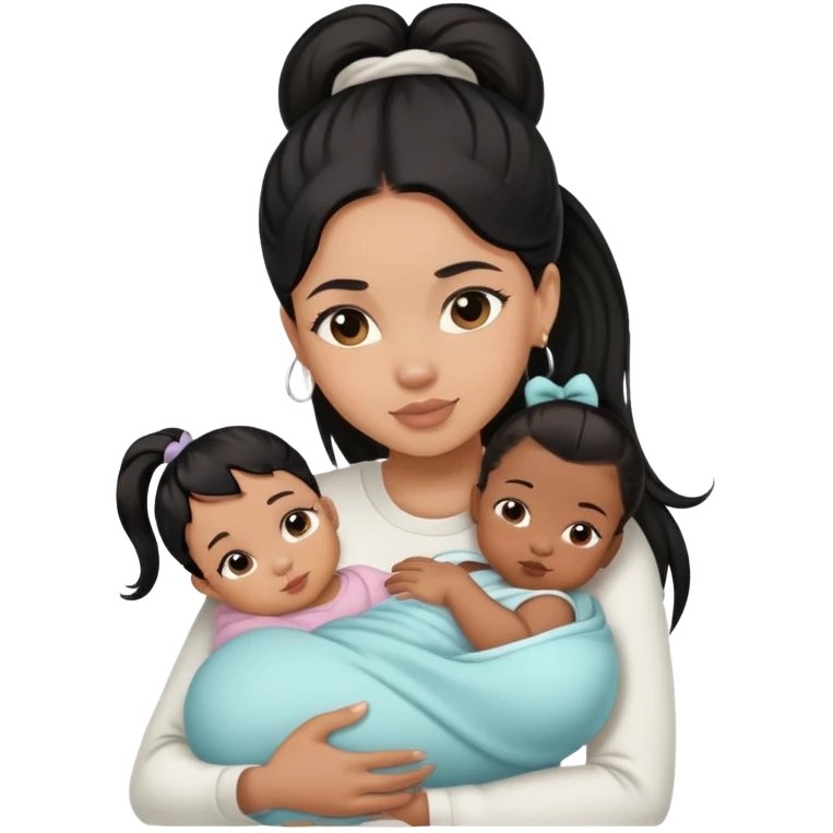 light skin black hair girl cuddling a newborn baby and a girl  with a high ponytail emoji