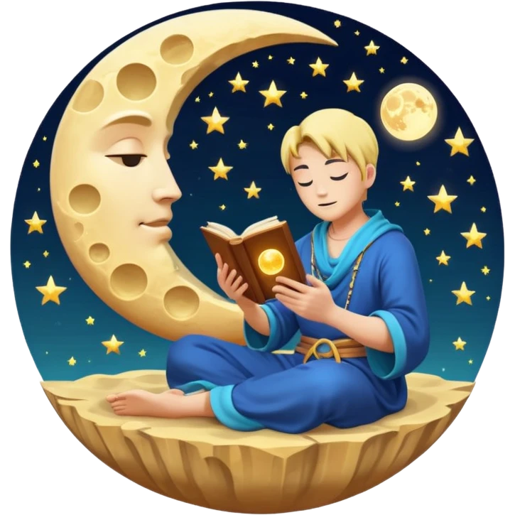 human mystic character reading alchemy book under giant floating moon emoji