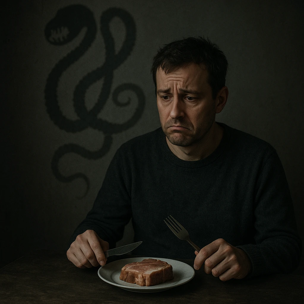 symbolic scene: man sitting at table with plate of pork meat, shadow of a tapeworm projected on the wall behind him, sad and confused expression, dark atmosphere, 4K quality emoji