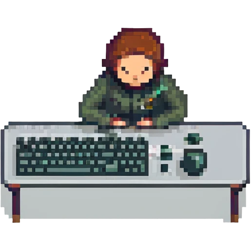 programmer typing on a keyboard with code on screen, pixel art style emoji