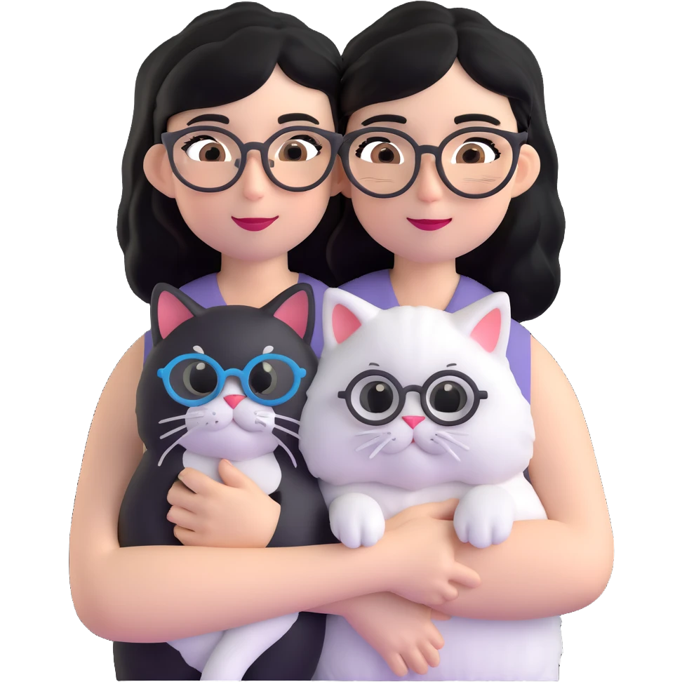 Skinny woman with oval glasses, shoulder length straight black hair, wearing white sleeveless top, hugging a Persian-Angora cat that's gray and white like Oreo cookies, plain background emoji