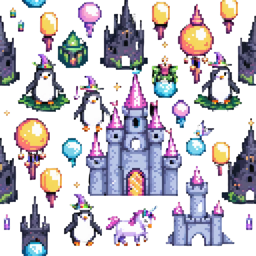 penguin wizard with magical sparkles, a unicorn, fairy, and tiny goblin companion in a pixelated fantasy world with a floating castle emoji