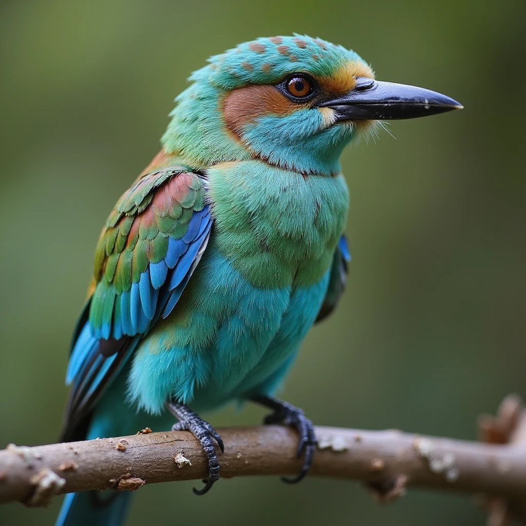 European Roller bird perched on a branch, vibrant blue and green feathers, realistic style emoji