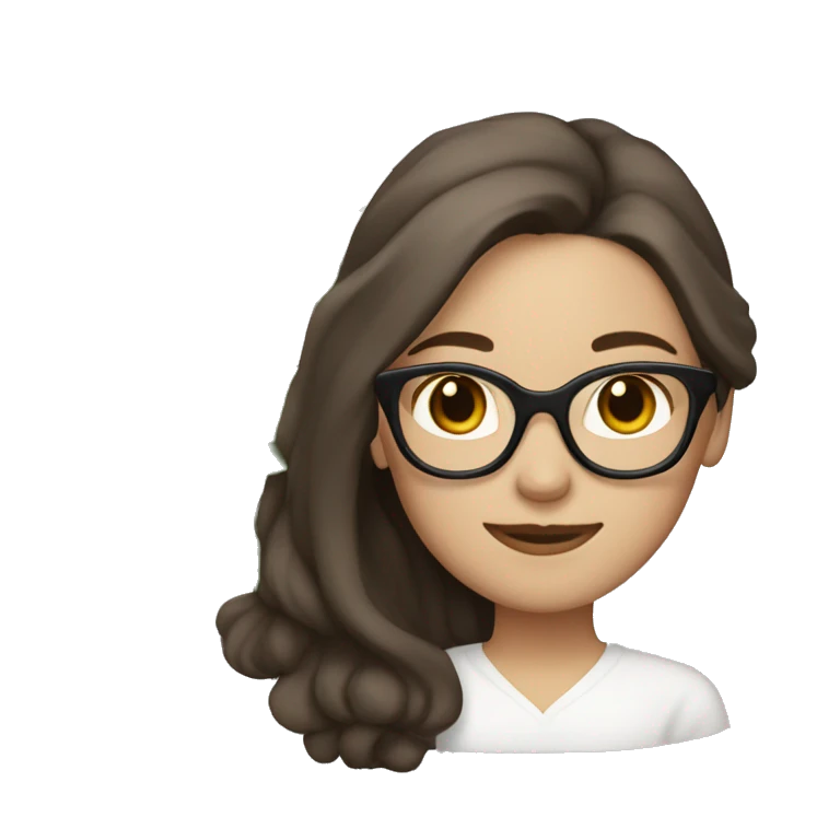 Brunette woman with white skin and glasses, 2C long hair. She has a flower in her hair  emoji