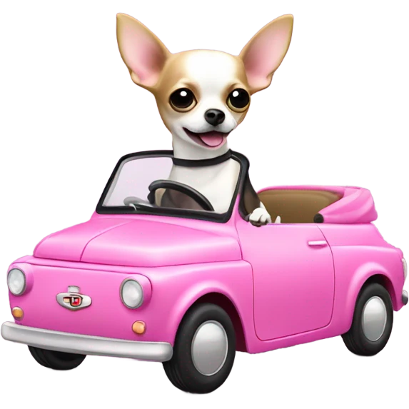 Black and white Chihuahua driving pink Fiat emoji