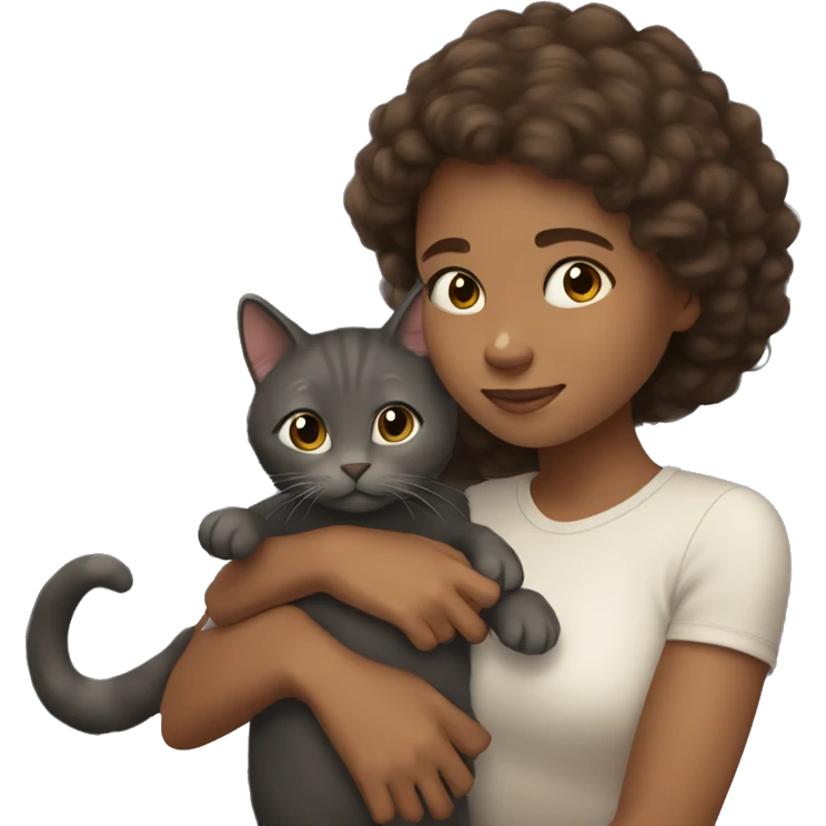 a brown haire girl with light skin hugging her dark grey cat emoji