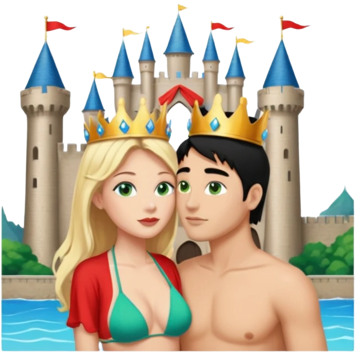 Blonde Queen with crownGreen eyes in Bikini kissing Male subject without crown black hair blue eyes Background Castle  emoji