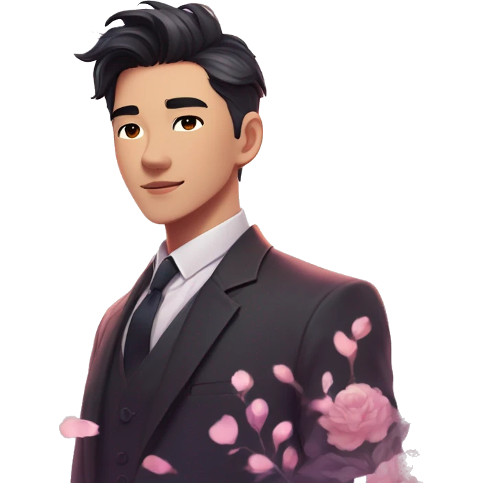Gorgeous romantic anime style Asian formal modern gentlemanly guy with flowers and blushing face aesthetic trending style outside with colorful gradient bright light colors emoji