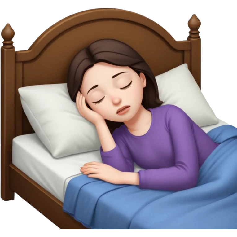 generate a girl brunette sleeping in bed. Looking upset emoji