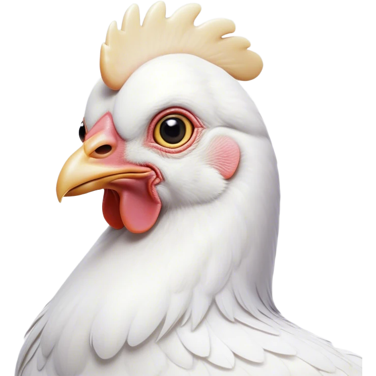 Cinematic Noble White Chicken Portrait Emoji, Poised and regal, with a compact, sturdy build and a pristine, well-groomed pure white plumage, deep-set soulful beady eyes, Simplified yet sharp and sophisticated features, highly detailed, glowing with a soft, dignified glow, high shine, intelligent and alert, stylized with an air of barnyard elegance, focused and attentive, soft glowing outline, capturing the essence of a watchful and confident fowl, so majestic it feels as though it could strut out of the screen with effortless authority! emoji