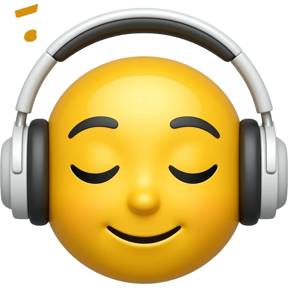 yellow emoji listening music with big white headphones and musical notes, with the eyes closed and a little smile emoji