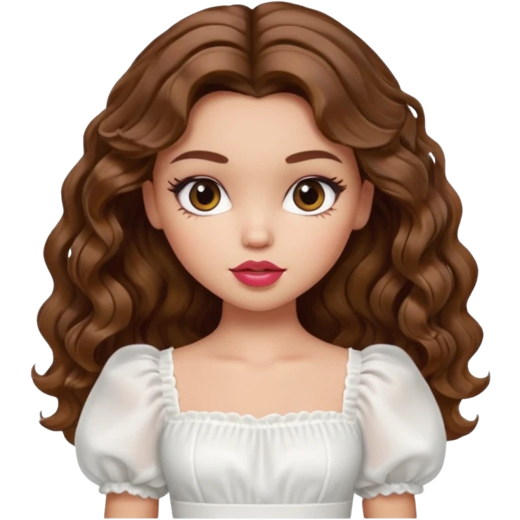 generate a pretty bratz girl with in a white puff sleeve top. lipgloss on . Brown wavy hair long.  emoji