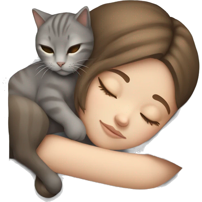 White girl brown hair sleeping with gray cat emoji