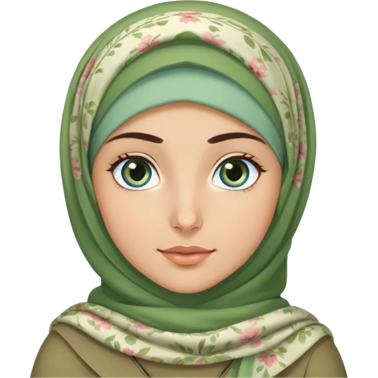 Turkish beautiful finish Konya girl blue eyes and green khaki hijab and light green floral dress and she go out on office emoji