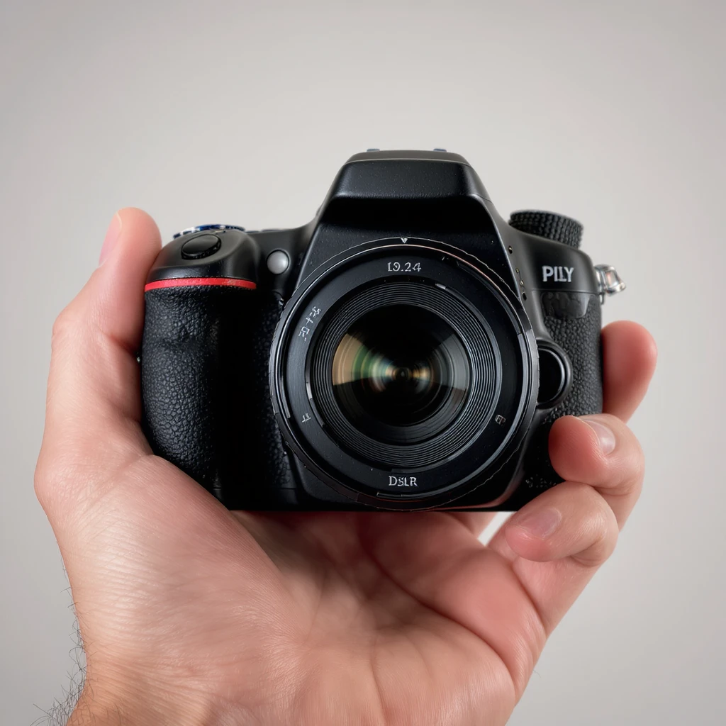 realistic of hand holding dslr camera, studio quality, close up emoji