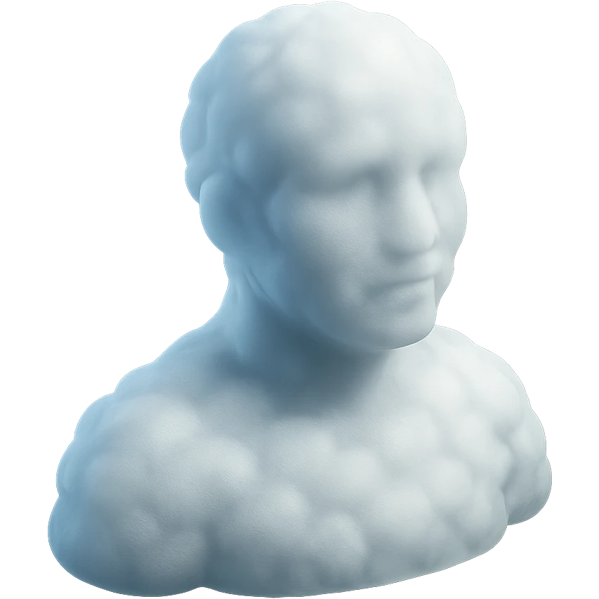 person looking straight, fully made of white fluffy convex clouds, shoulders visible, matte glass style emoji