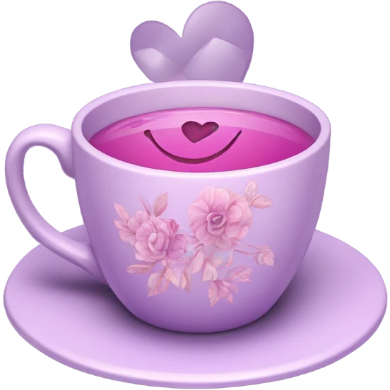 a beautiful aesthetic cup in pastel purple with a floral pattern in dark pink and next to it a love letter in purple  emoji