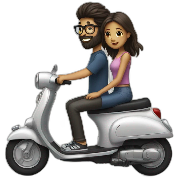 Boy with long hair, beard, and glasses, riding a black scooter with a girl on the back emoji
