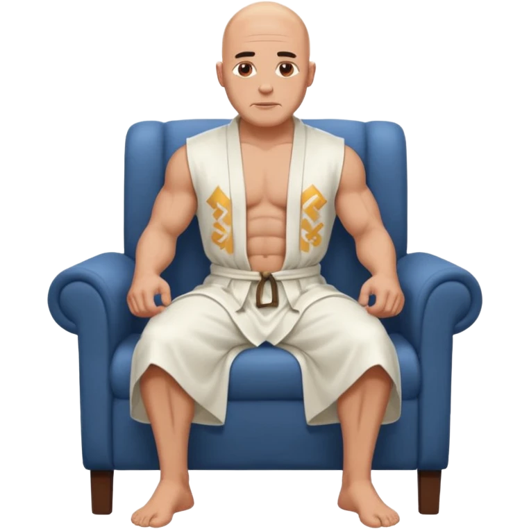 fullbody jacked bald guy, sleeveless and unbuttoned in full white robe sitting without chair and hands down emoji