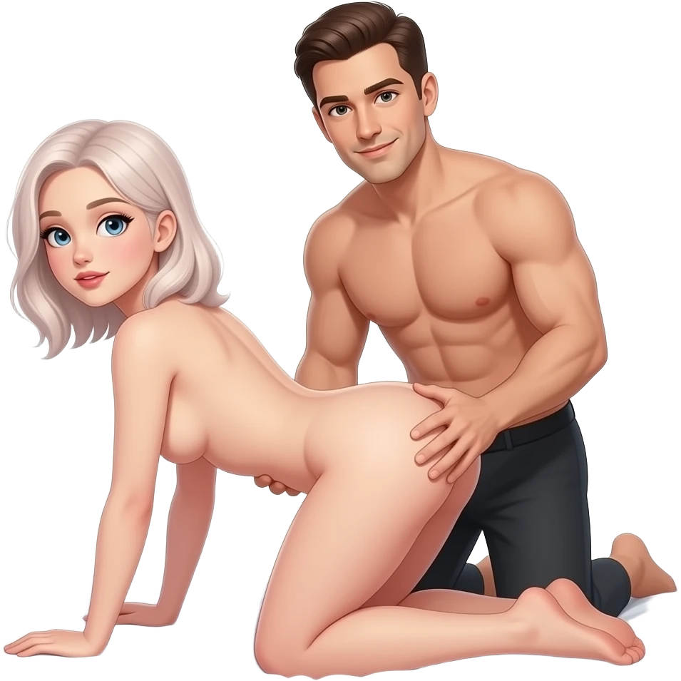 fille cheveux pâle nue pencher fesse dans les airs sur le lit et homme nue en arriere une mains sur les fesses et lautre entre les fesses de la fille emoji