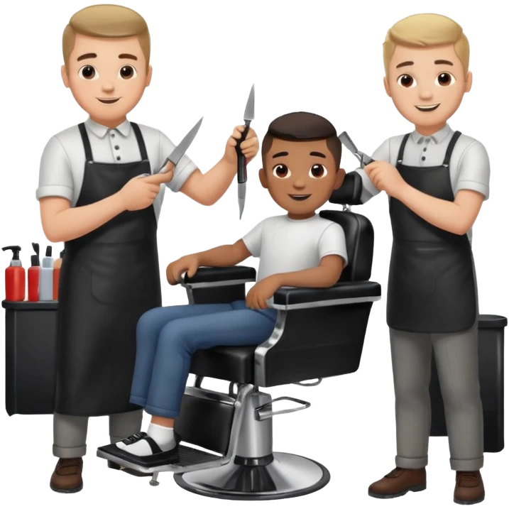Barber cutting boys hair. Show the boy sat in black barber chair and both having smiles on their faces emoji