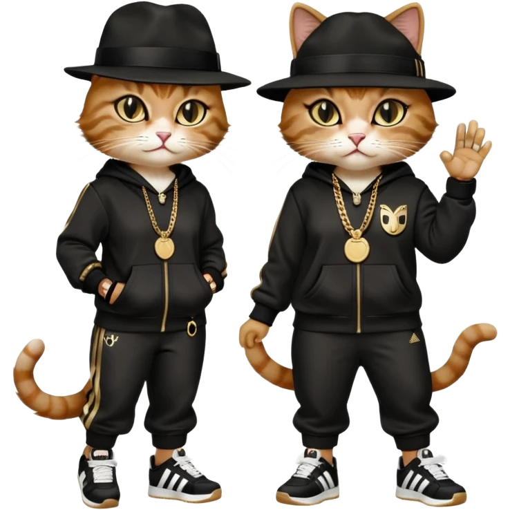 female cat dressed like Run DMC with tracksuit, fedora, Adidas shoes, lots of gold chains, rings, bracelets, earrings, eyes averted, talking to a friend, no sunglasses emoji